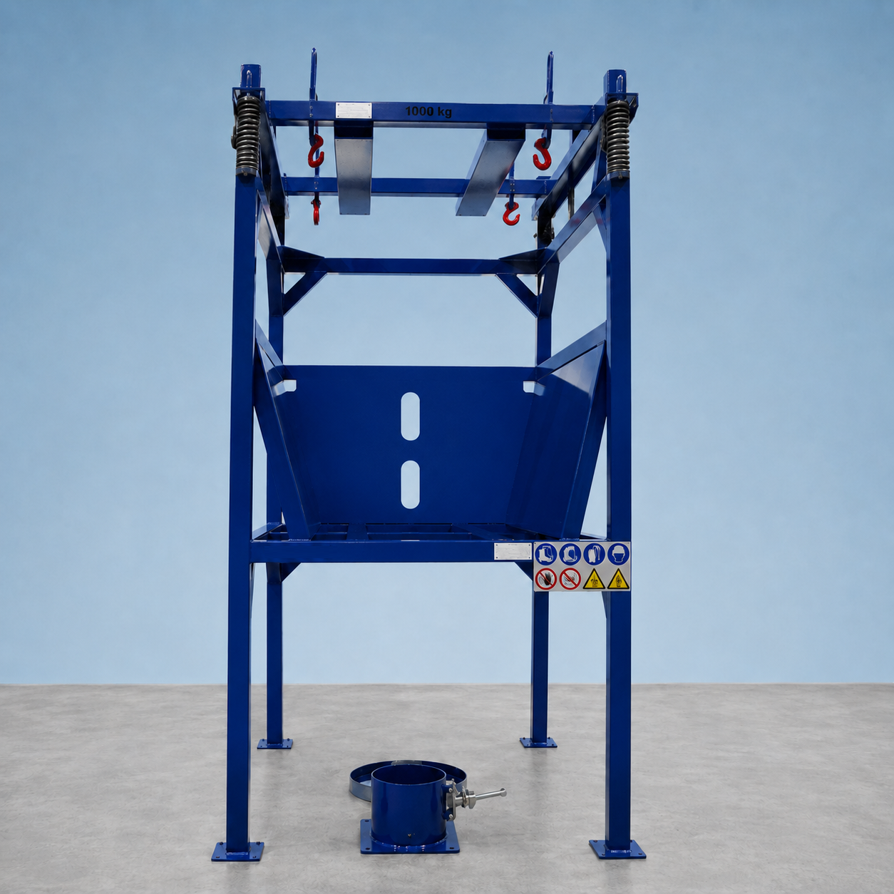 Blue big-bag station with forklift attachment and spring assembly at the top