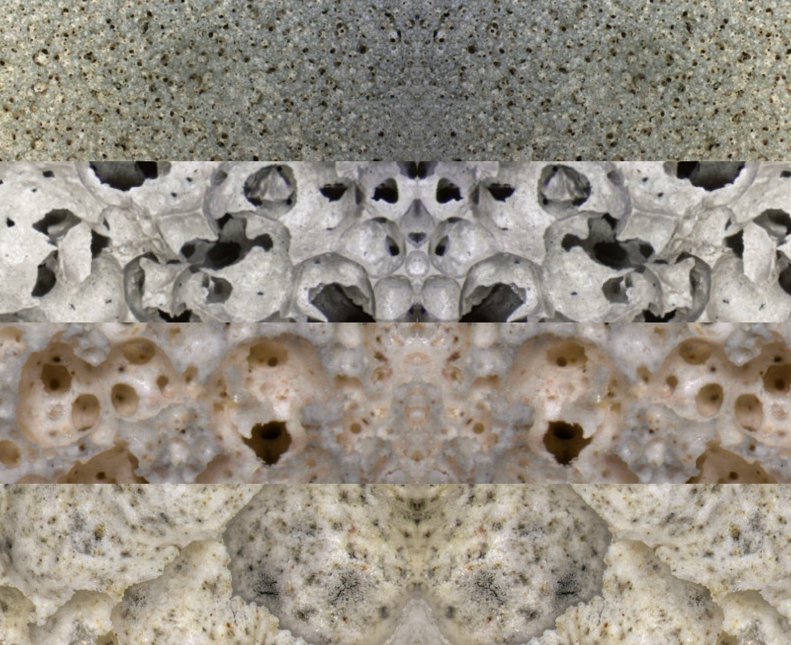 Vier horizontale Bilder von verschiedenen Schaumbetonen unter dem Mikroskop betrachtet mit runden Poren von fein bis grob.